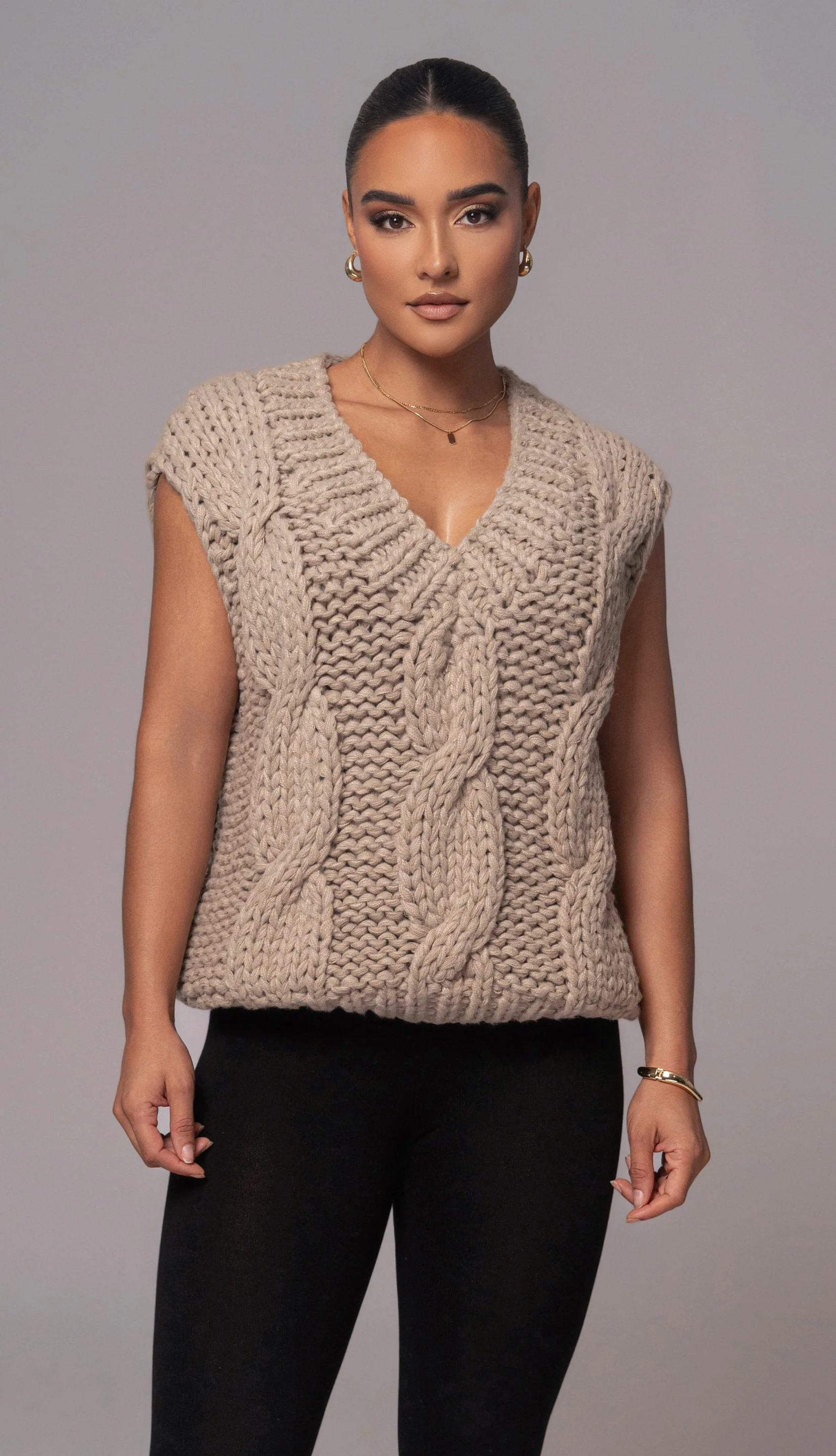 Taupe Mari Cable Knit Vest - Image 3