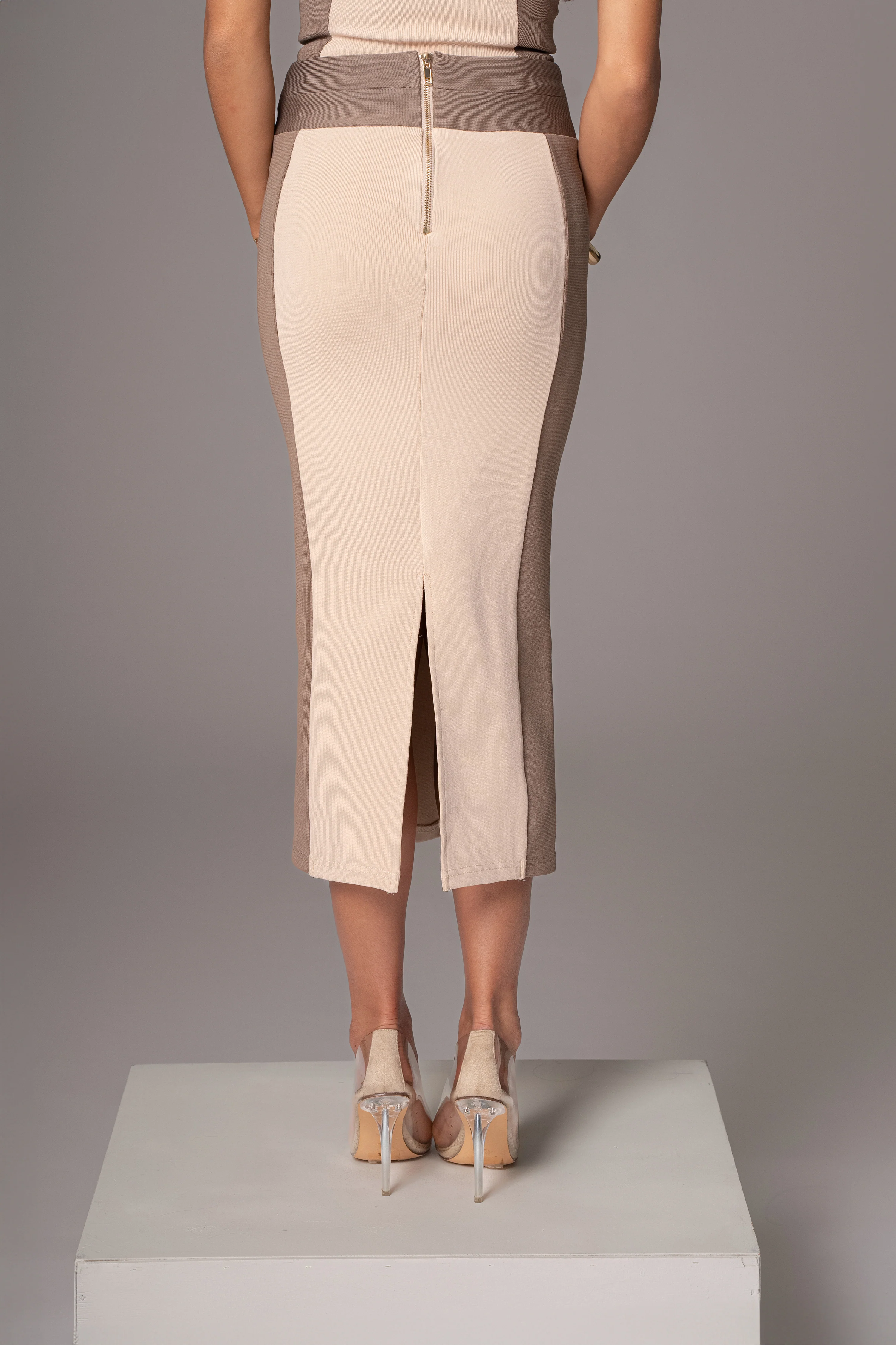 Taupe/Tan Celebration Colorblock Midi Skirt - Image 2