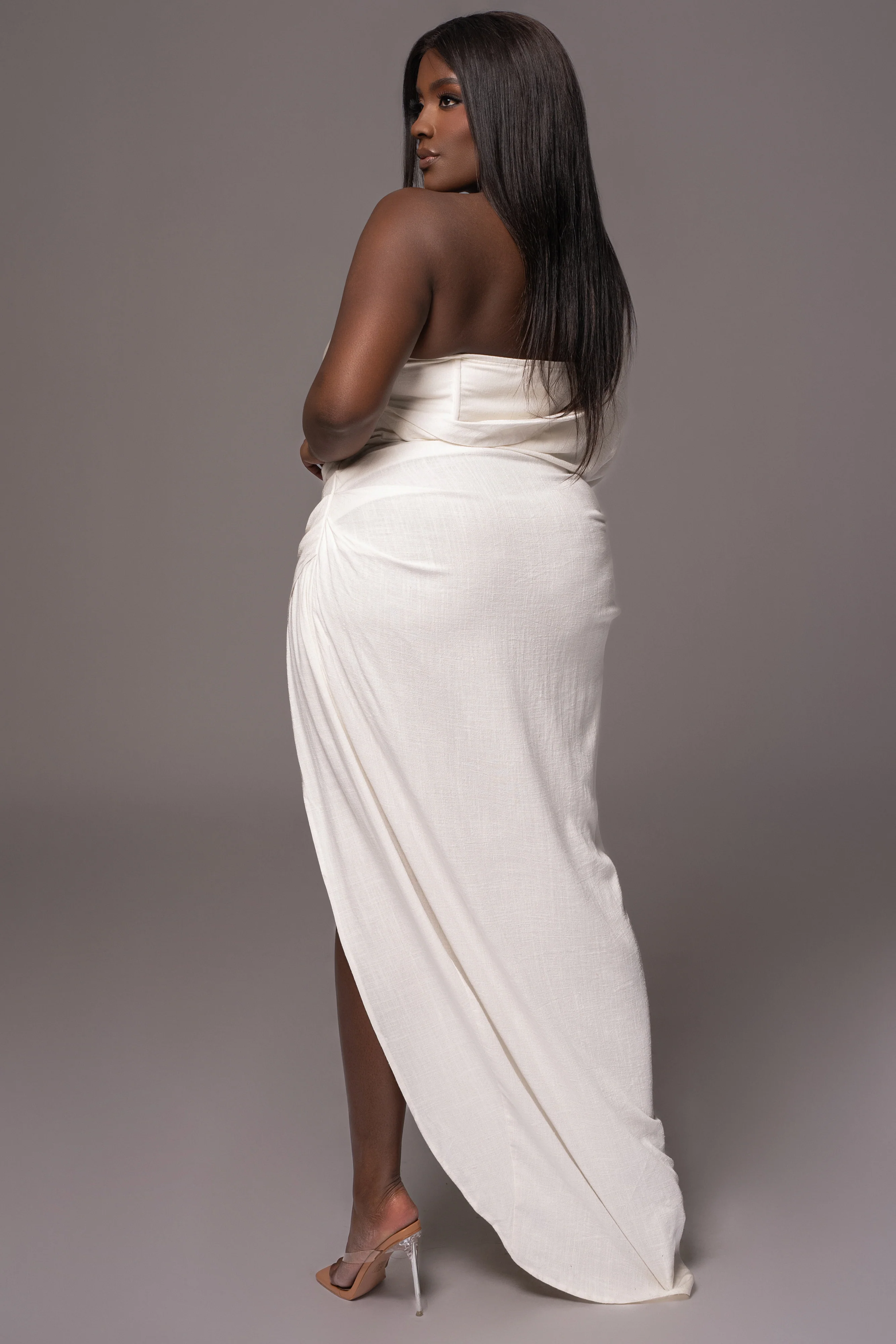 White Evita Linen Draped Dress - Image 17