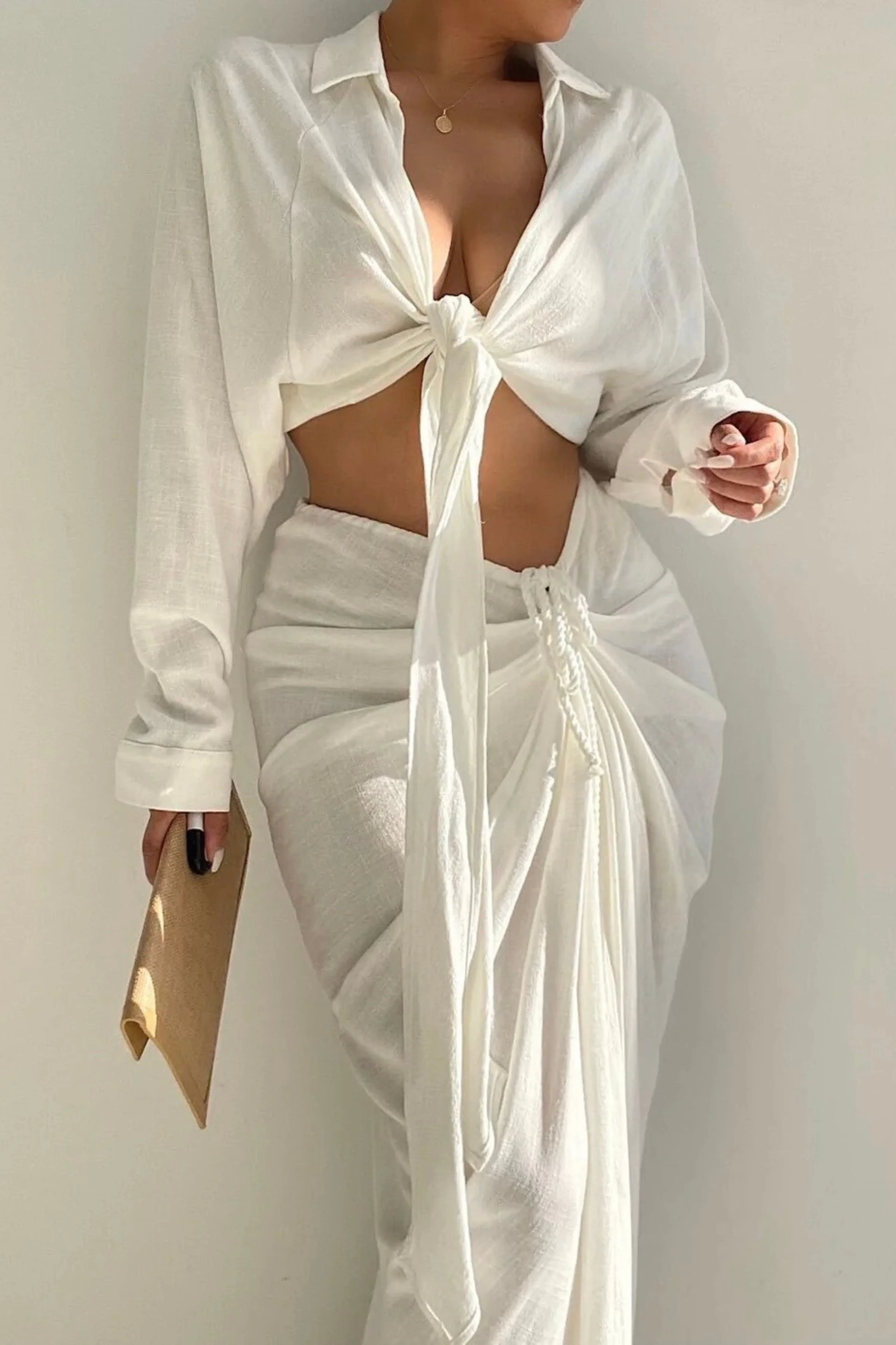 White Noelia Linen Slit Skirt - Image 4