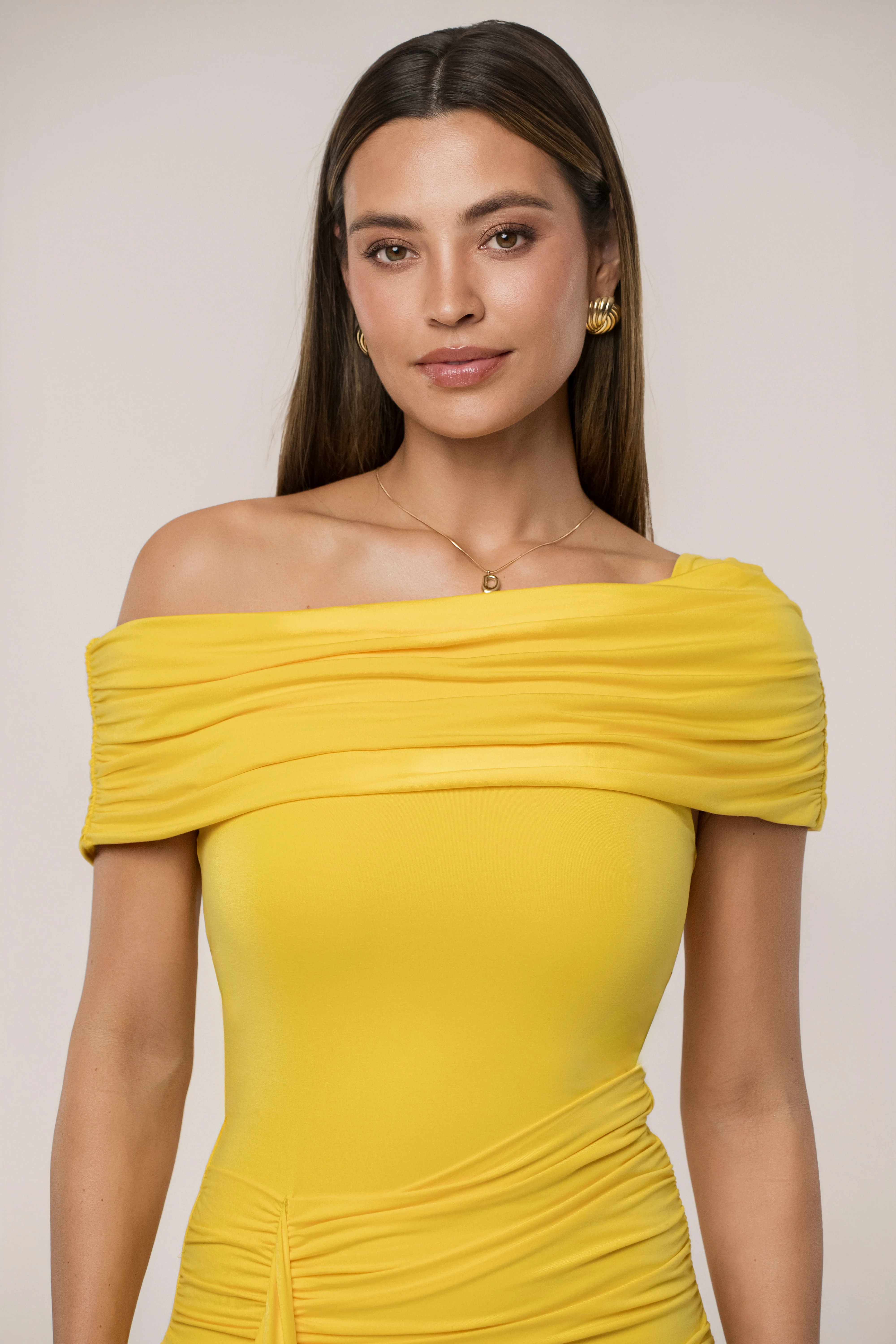 Yellow Off The Shoulder Drape Dress - Image 4