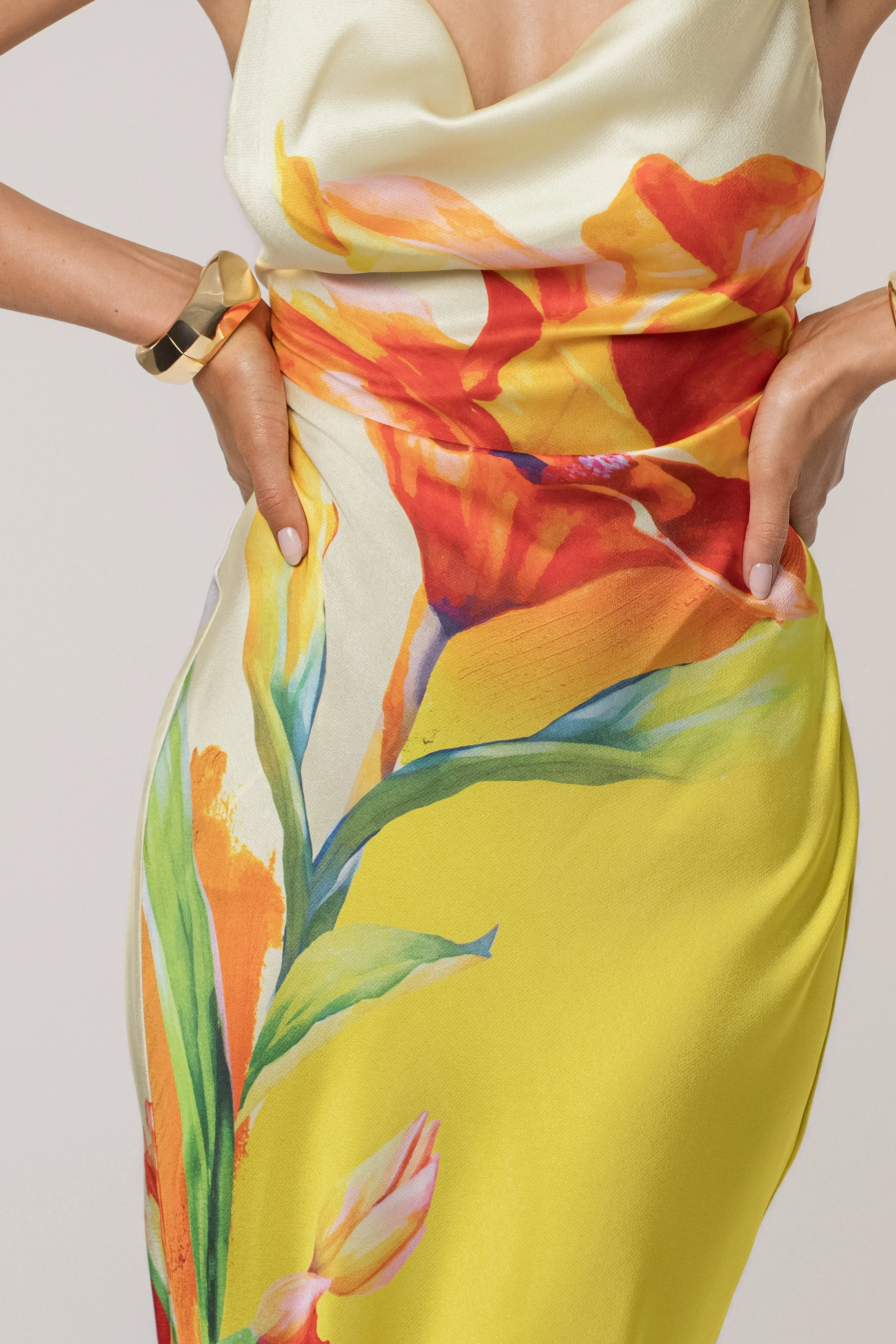 Yellow Satin Floral Print Maxi Dress - Image 10