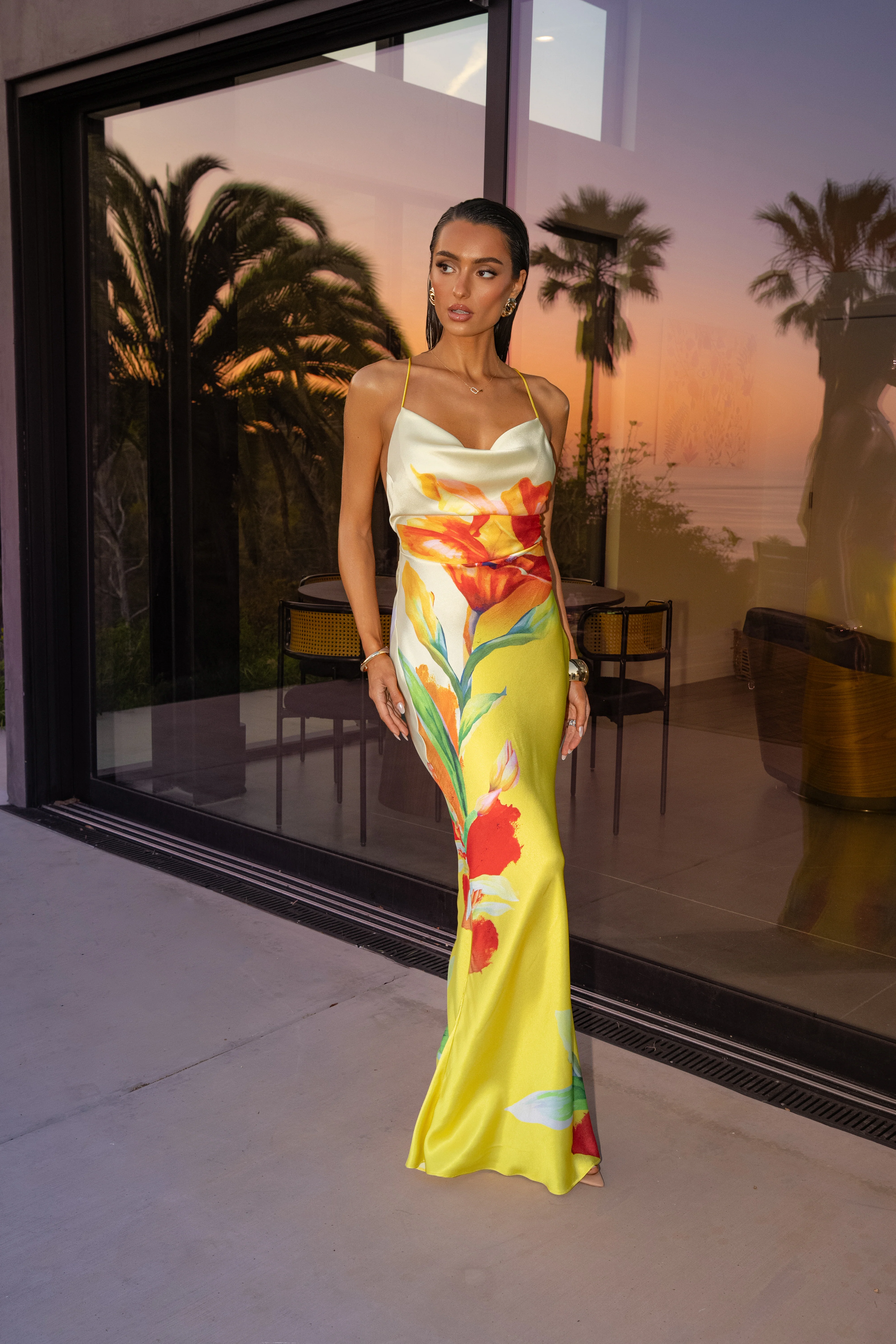 Yellow Satin Floral Print Maxi Dress - Image 3