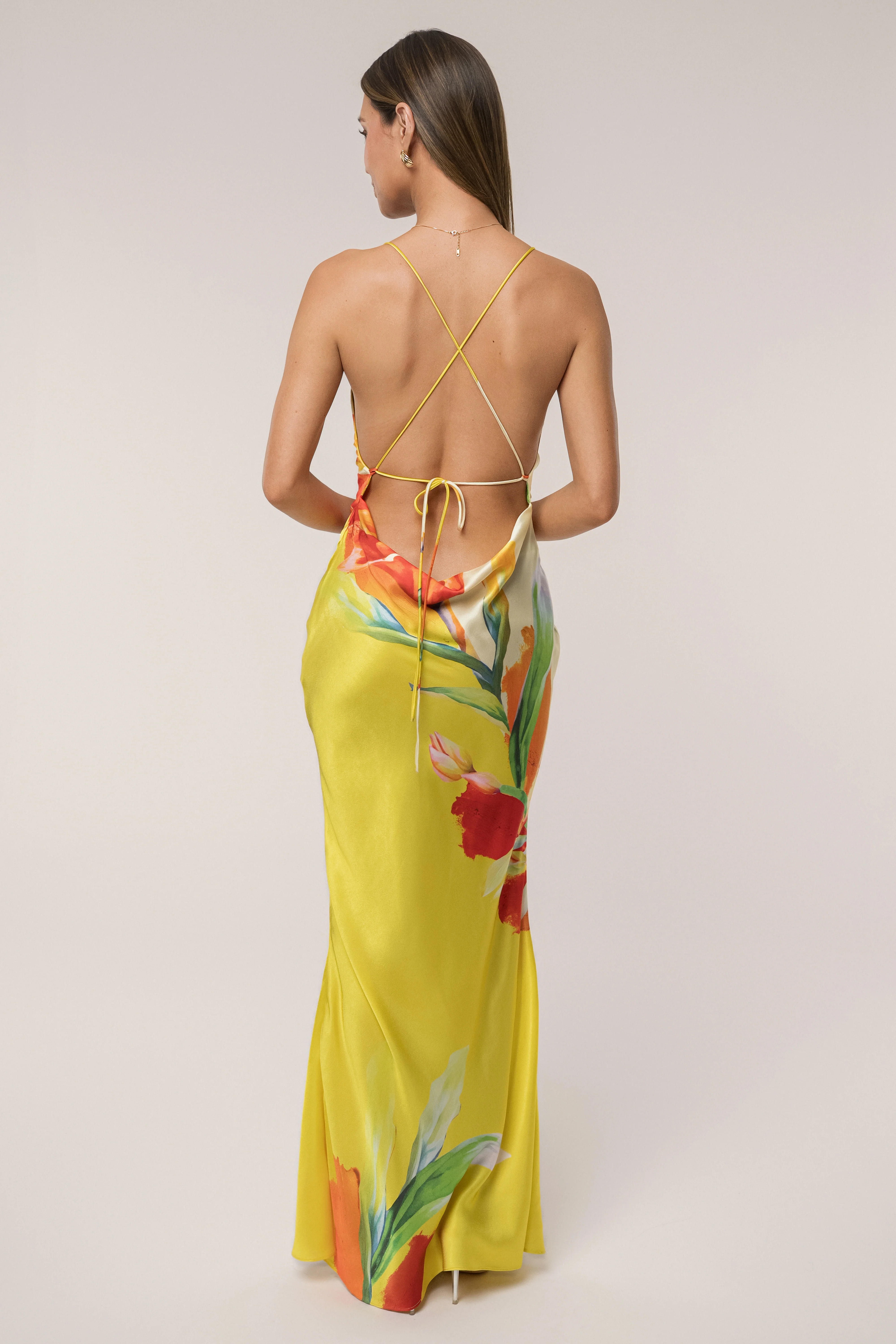 Yellow Satin Floral Print Maxi Dress - Image 8
