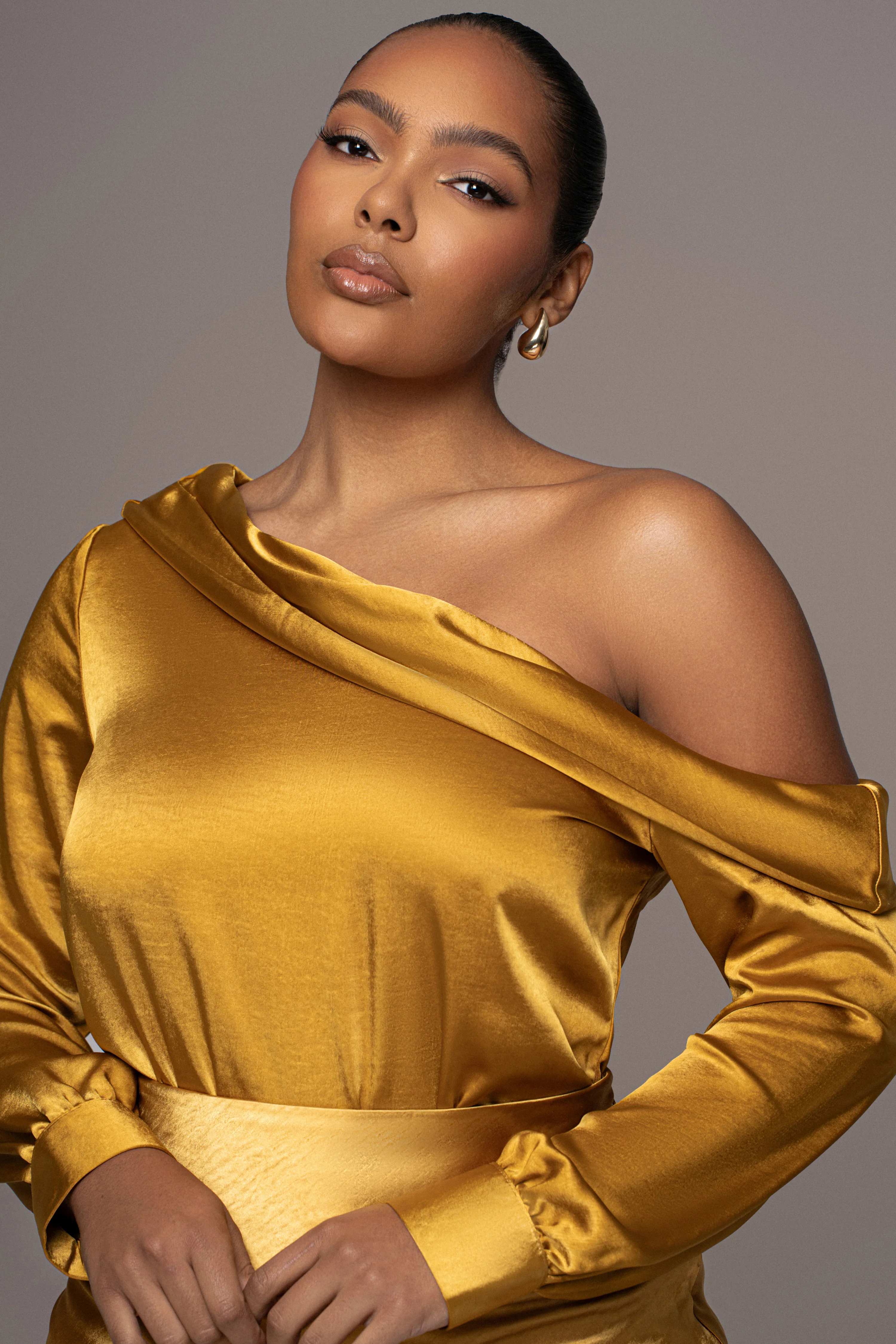 Yellow Satin Rima Asymmetrical Bodysuit - Image 4