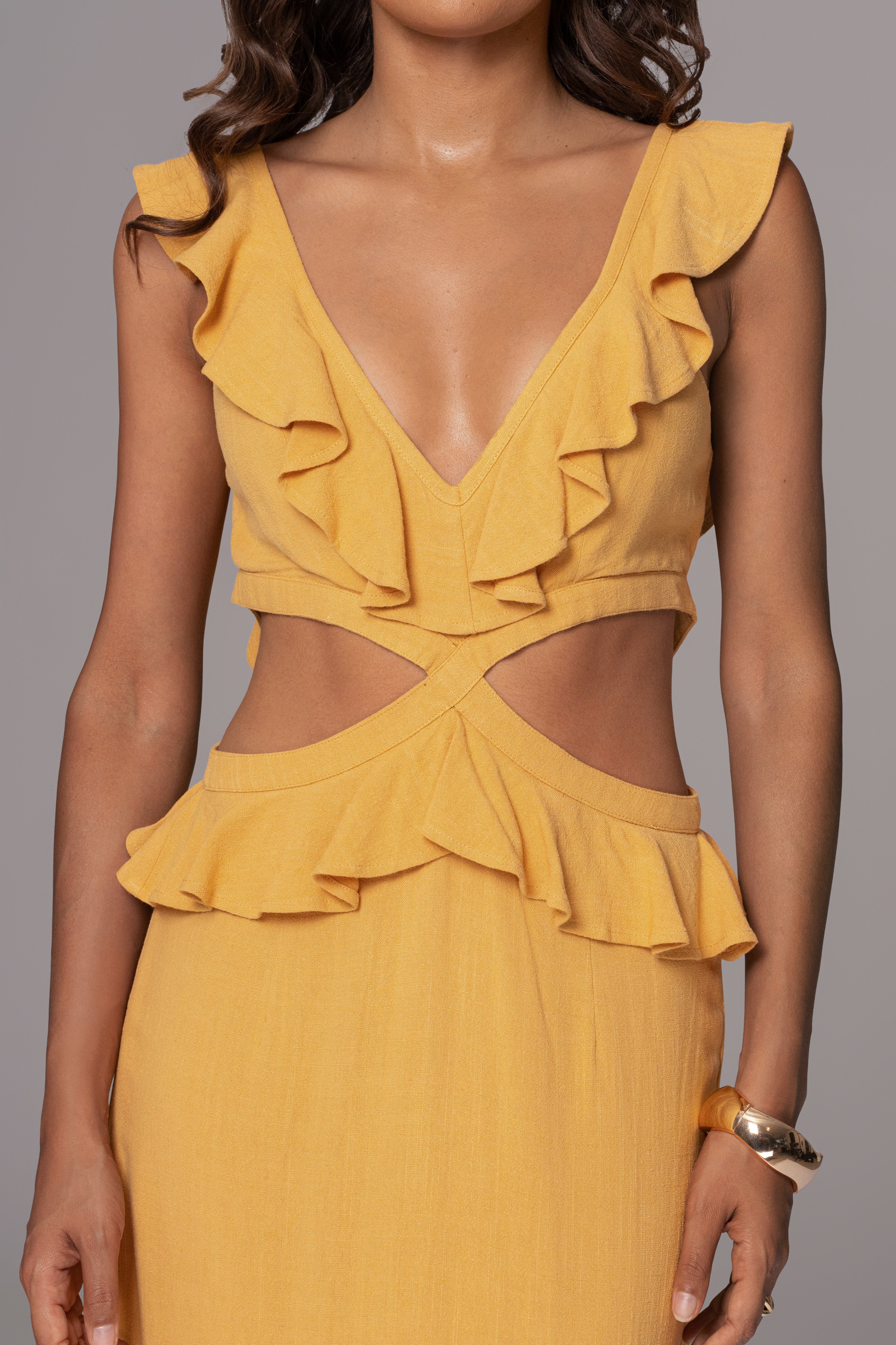 Yellow Sunshine Ruffle Linen Dress - Image 9